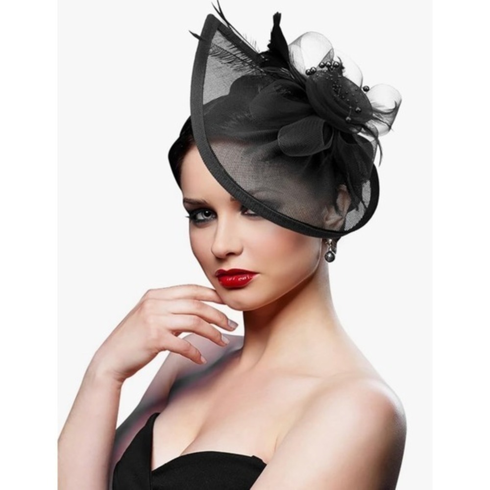 NEW Black Fascinator Tea Party Hat OS Feathers Mesh Headband Derby